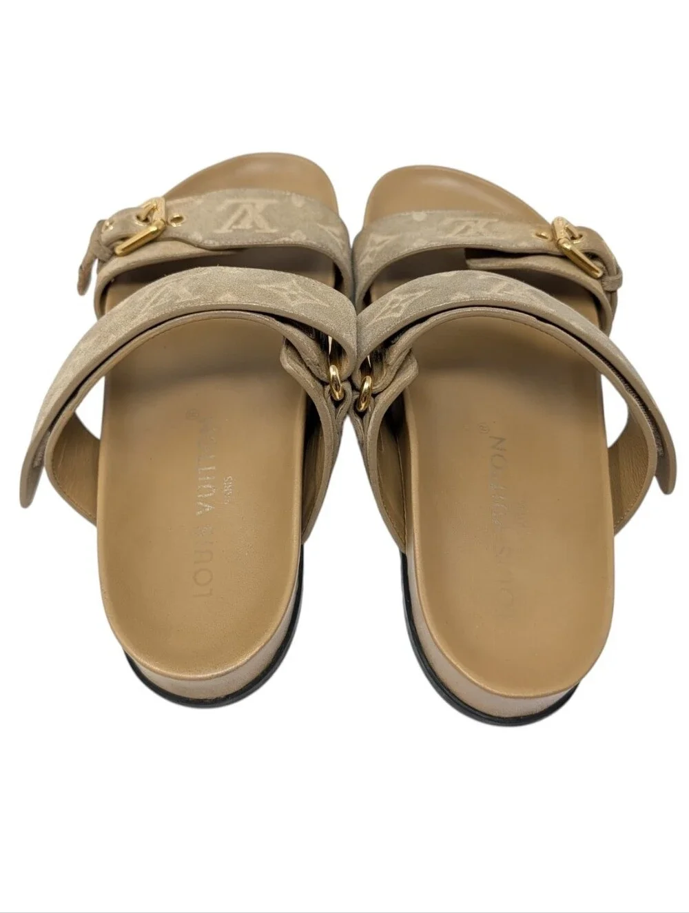 Louis Vuitton Distressed Beige Bom Dia Suede Monogram Sandals Size EU 37.5